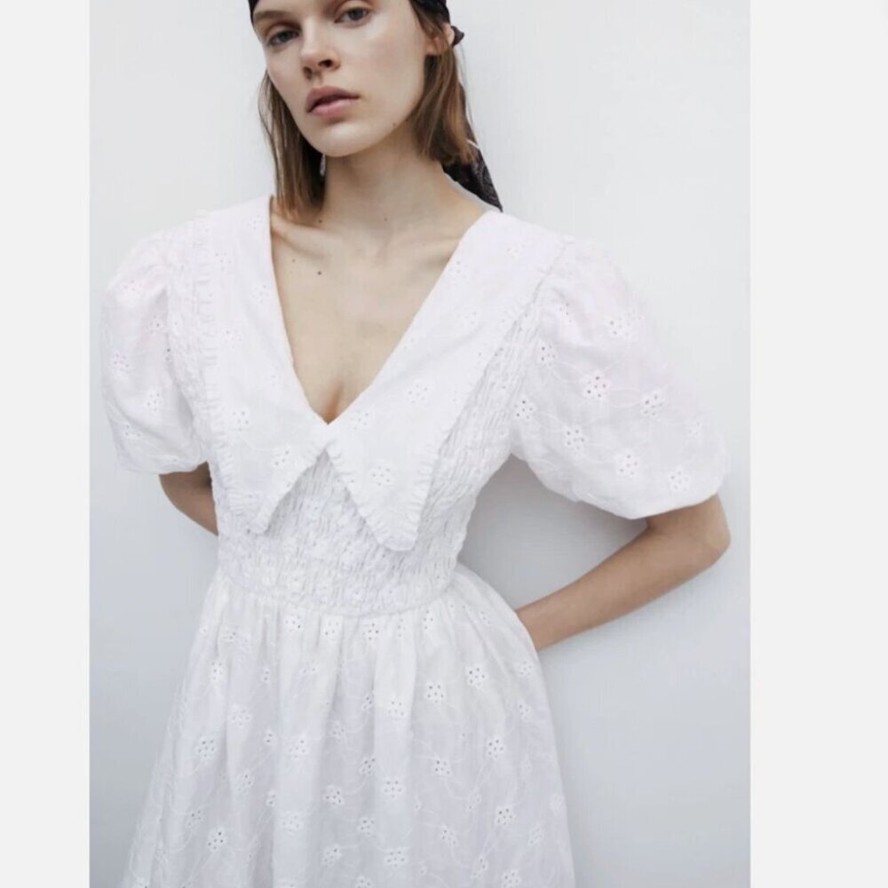 Zara Cutwork Embroidery Midi Dress Voluminous Sleeves Tulle Lining White Medium - Picture 3 of 11